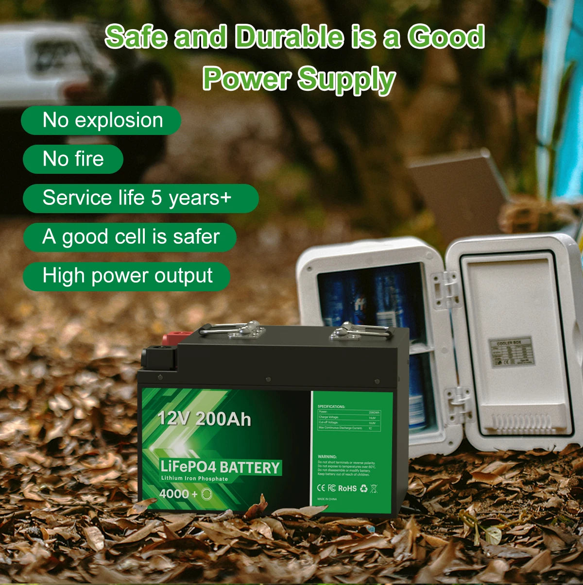 12V 200Ah LiFePO4 Battery, Reliable power supply, explosion-free, with long lifespan and built-in BMS for home storage applications.