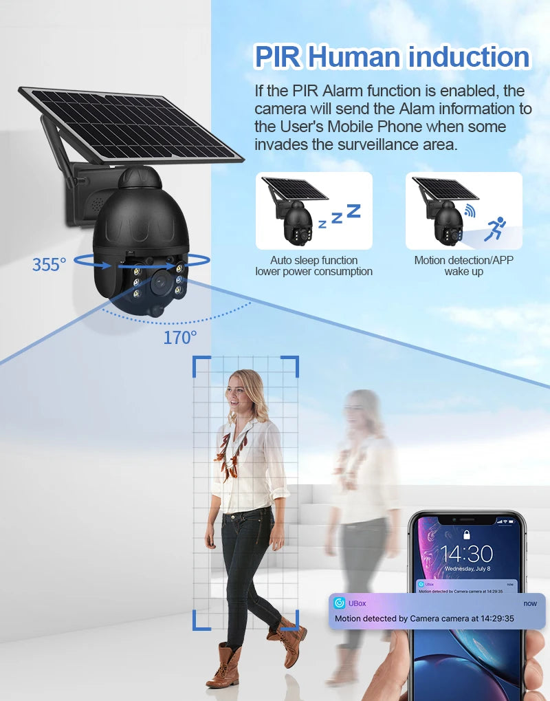 INQMEGA Outdoor Solar Camera, Detects motion, sends app notifications, and conserves power with auto sleep feature.