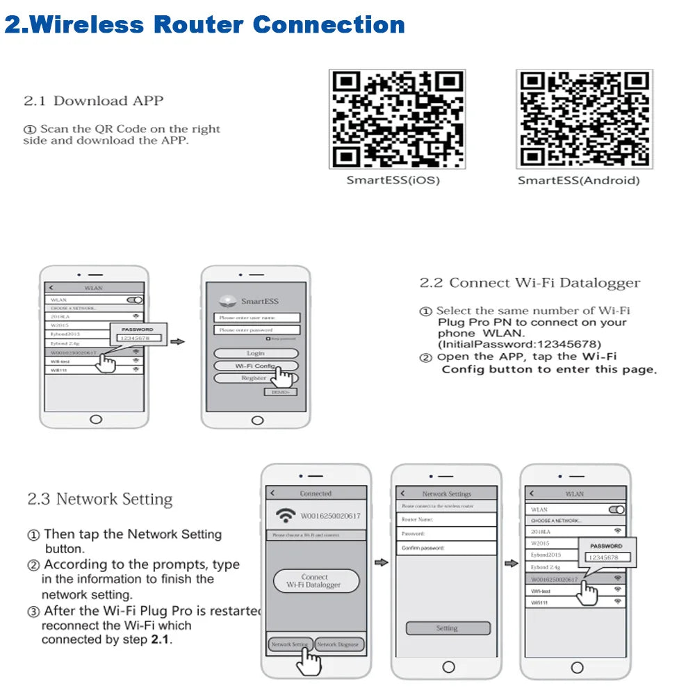 Connect phone to WiFi using SmartESS app: download, scan QR code, follow steps for setup.