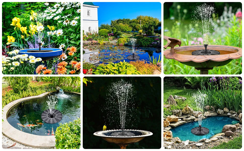 1.5W Solar Fountain, Solar-powered fountain pump with six nozzles for a stunning pond display.