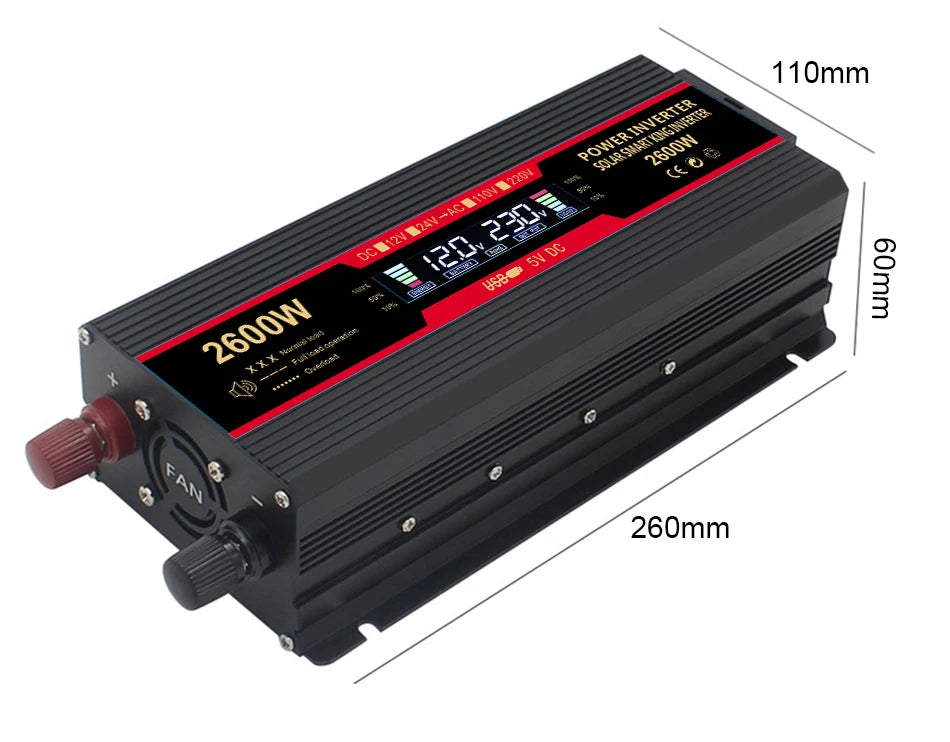 Solar Inverter, Power converter converts 12V to 220V, 1500-2600W, modified sine wave with LCD display and USB ports.