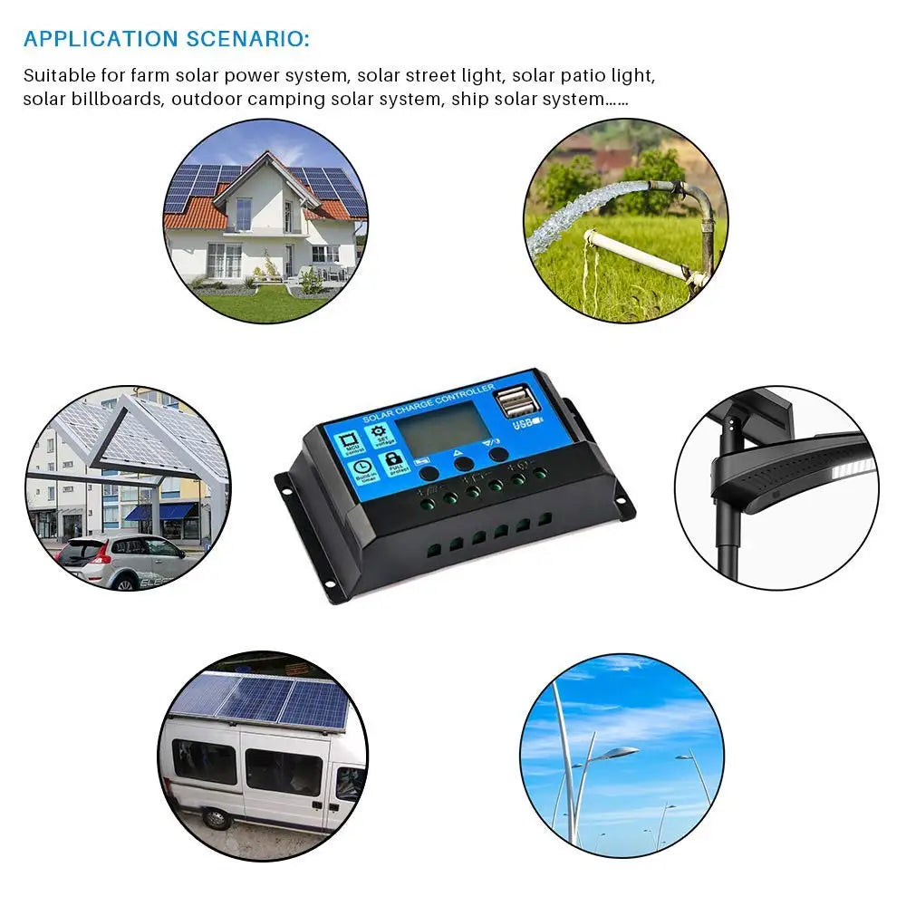 30A20A10A 12V24V LCD PWM Voltage Solar Controller, Off-grid solar power regulator for farms, lighting, camping, and ships; regulates voltage and charges batteries.