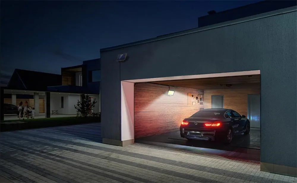 COB LED Solar Powered Light, Bundle includes one solar-powered light and installation package for outdoor use.