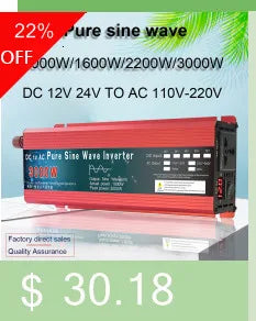 Pure Sine Wave Inverter: Converts 12V/24V DC to AC 110V-220V, 1000W-3000W output with LED display.