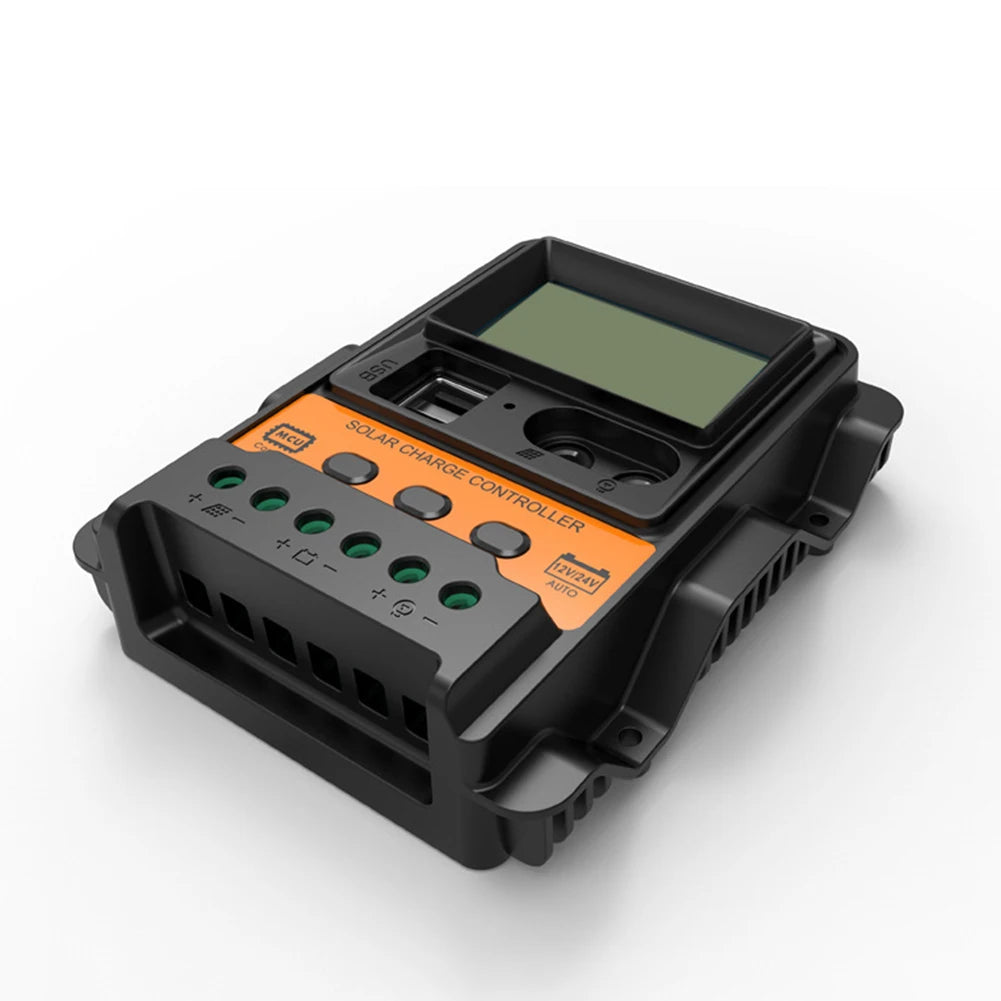 LCD Solar Charge Controller, Solar charge controller with power-off memory, showing battery status and discharge current.