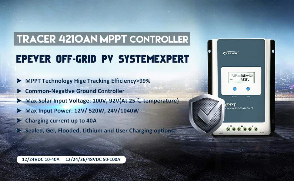 EPever MPPT Solar Charger Controller, EPEVER's MPPT Solar Charger Controller tracks energy with 99% efficiency, handling up to 40A and multiple voltage options.