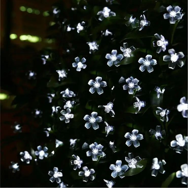 18 Styles Solar Garlands light, Solar-powered garland with peach flower design and LED lights for outdoor use in gardens and Christmas decorations.