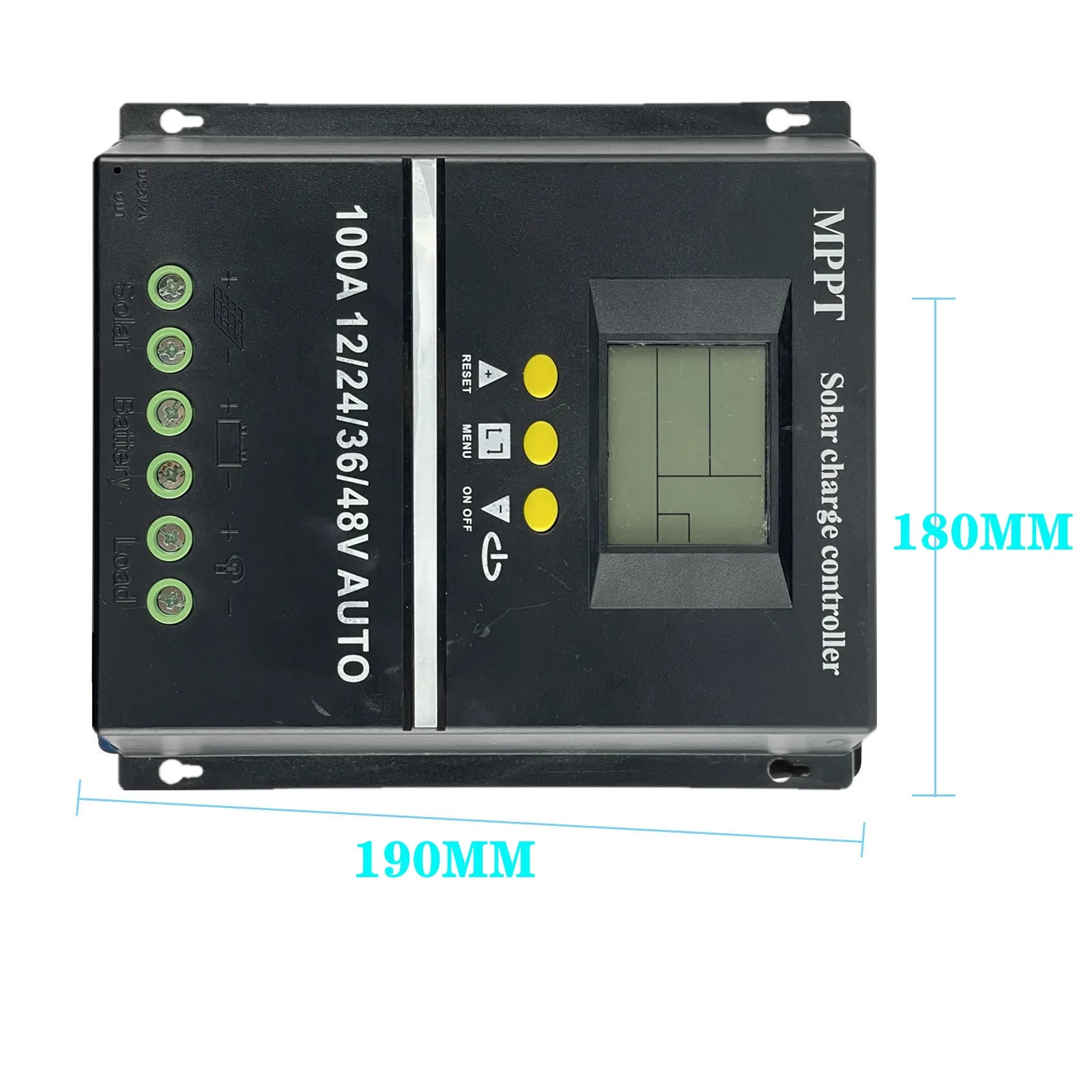 Auto solar charge controller with LCD display and dual USB ports for solar power system monitoring.