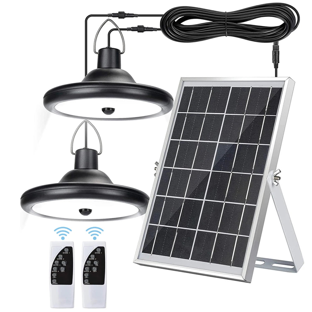 Double Head Solar Pendant Light, 4-mode solar motion sensor light with dim setting that brightens on motion detection.