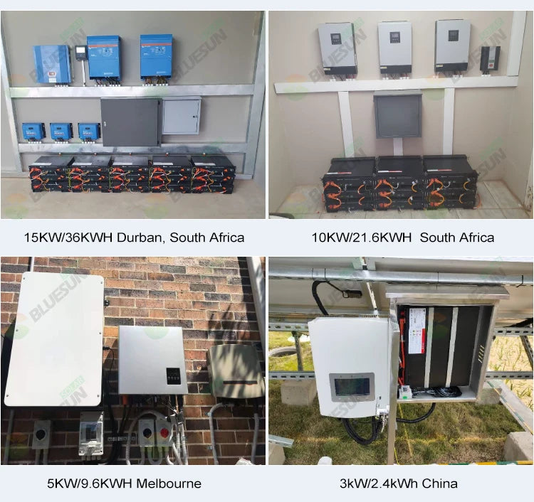 Bluesun 48V/100Ah Solar Battery, Product tested globally: Durban, SA (15kW/36kWh), Melbourne (9.6kWh) & China, with total capacity 21.6kWh.