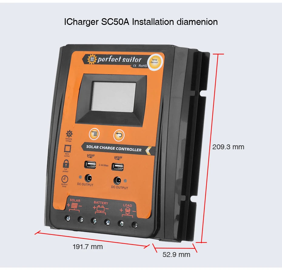 PowMr Mppt+PWM Solar Charge Controller, PowMr solar charge controller for 12V or 24V systems, with 30-70A output and LCD display, ideal for solar panel installations.