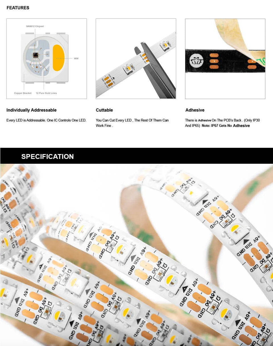 SK6812 RGBW Led Strip Light, RGBW LED requires DC5V power supply and led controller for operation.