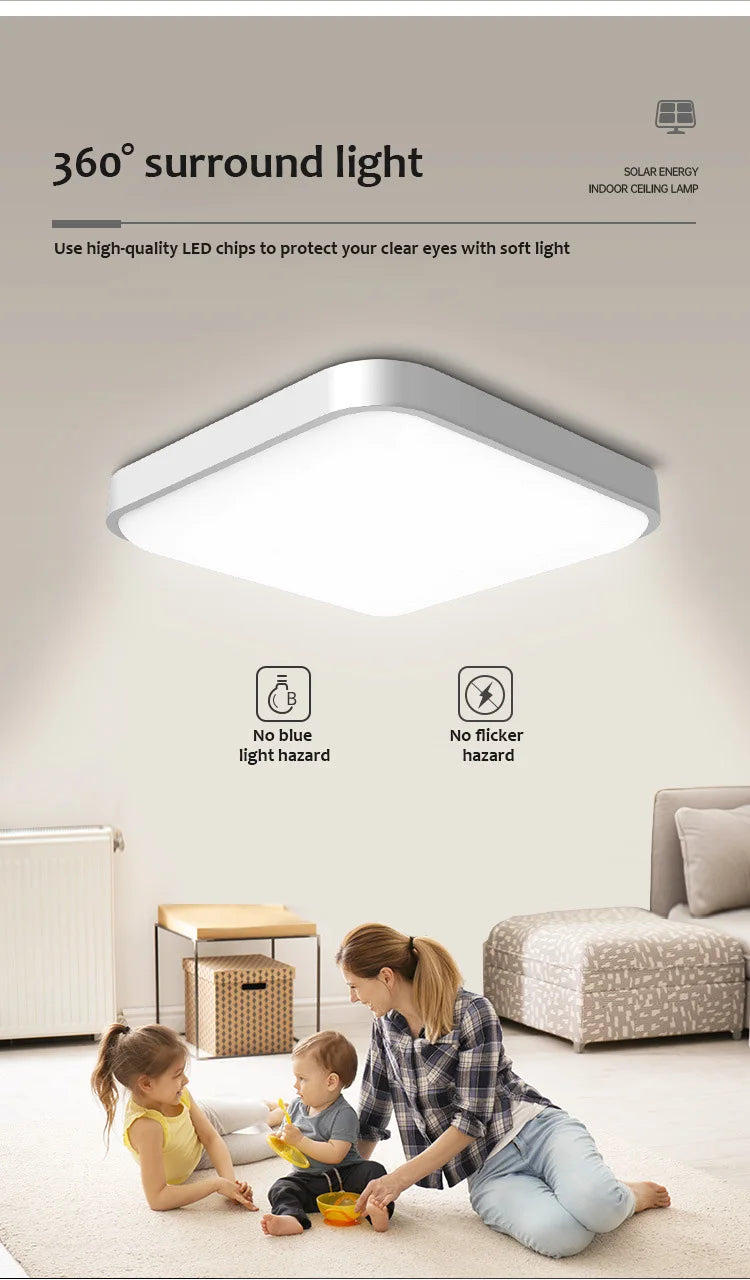 Energy Saving Indoor Solar Ceiling light, Soft LED lighting for a gentle glow, eye-safe and solar-powered.