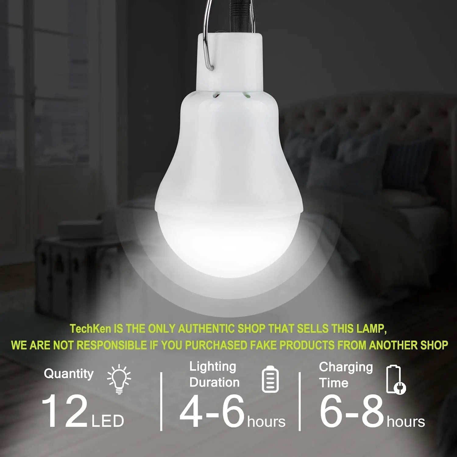 LED Solar Bulb Light, Authentic lamp with 12 LEDs, 4-6 hour charge, and 8 hour light duration; buy from authorized seller TechKen.