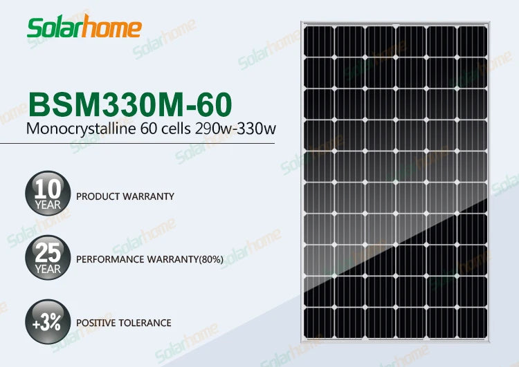 Bluesun 330W Solar Panel: Monocrystalline module with 290-330W output, 10-year warranty and performance guarantee.