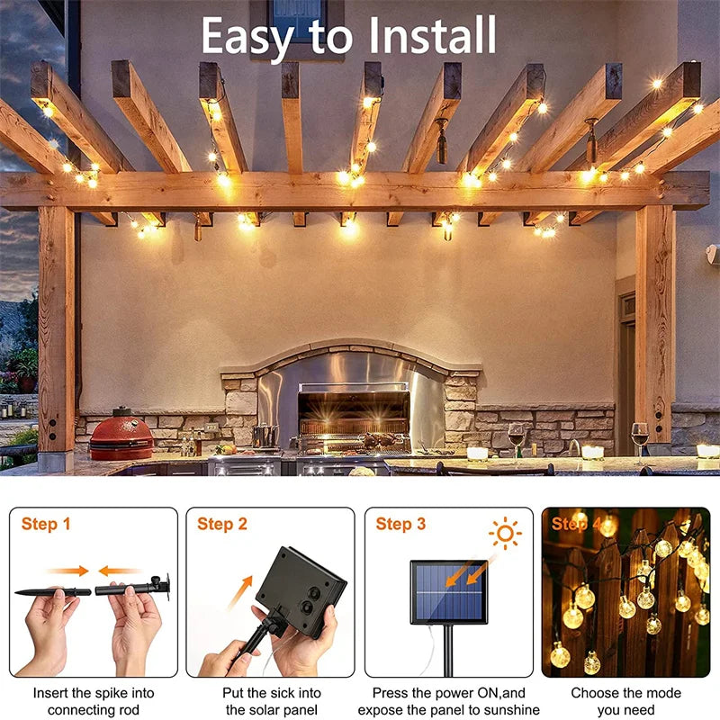 Solar String Light, Quickly set up with simple steps: insert stake, press power, and select mode; connect solar panel to sunlight.