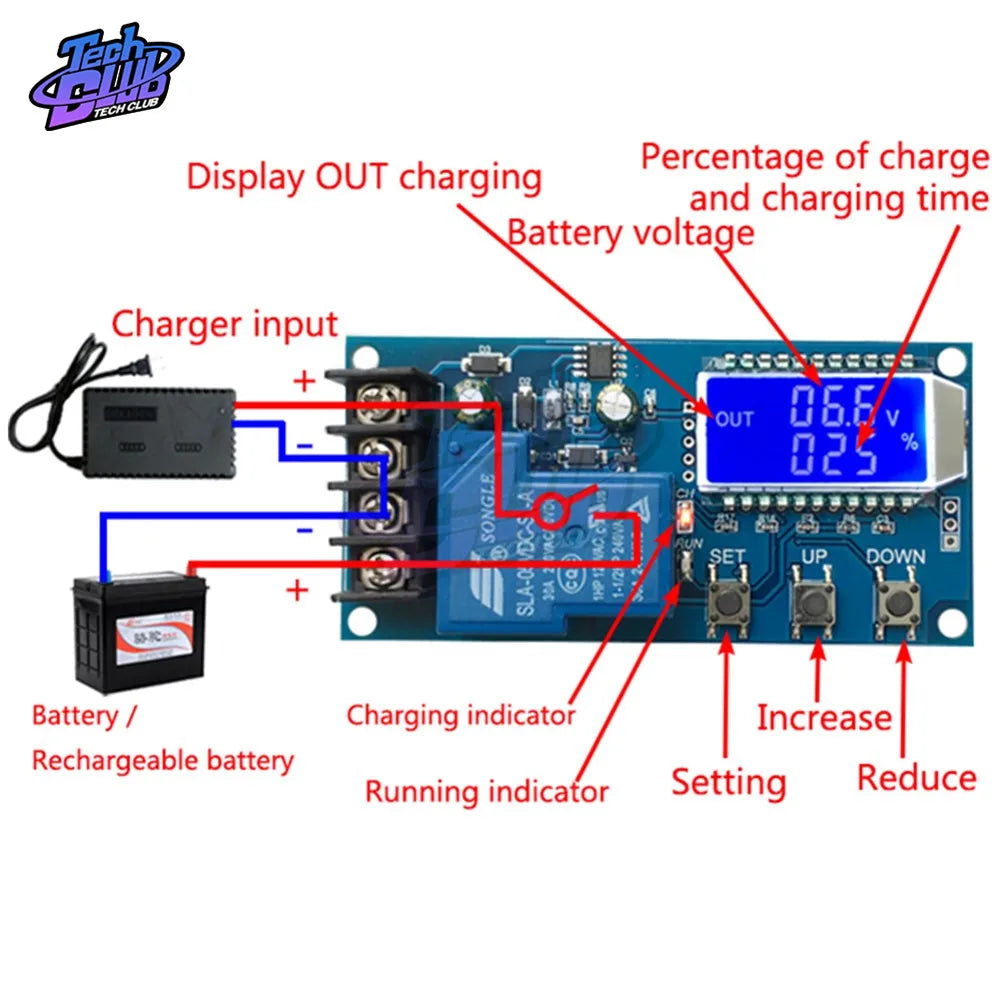 Battery charging module displays percentage, time, and voltage, with adjustable settings and charge status indicator.