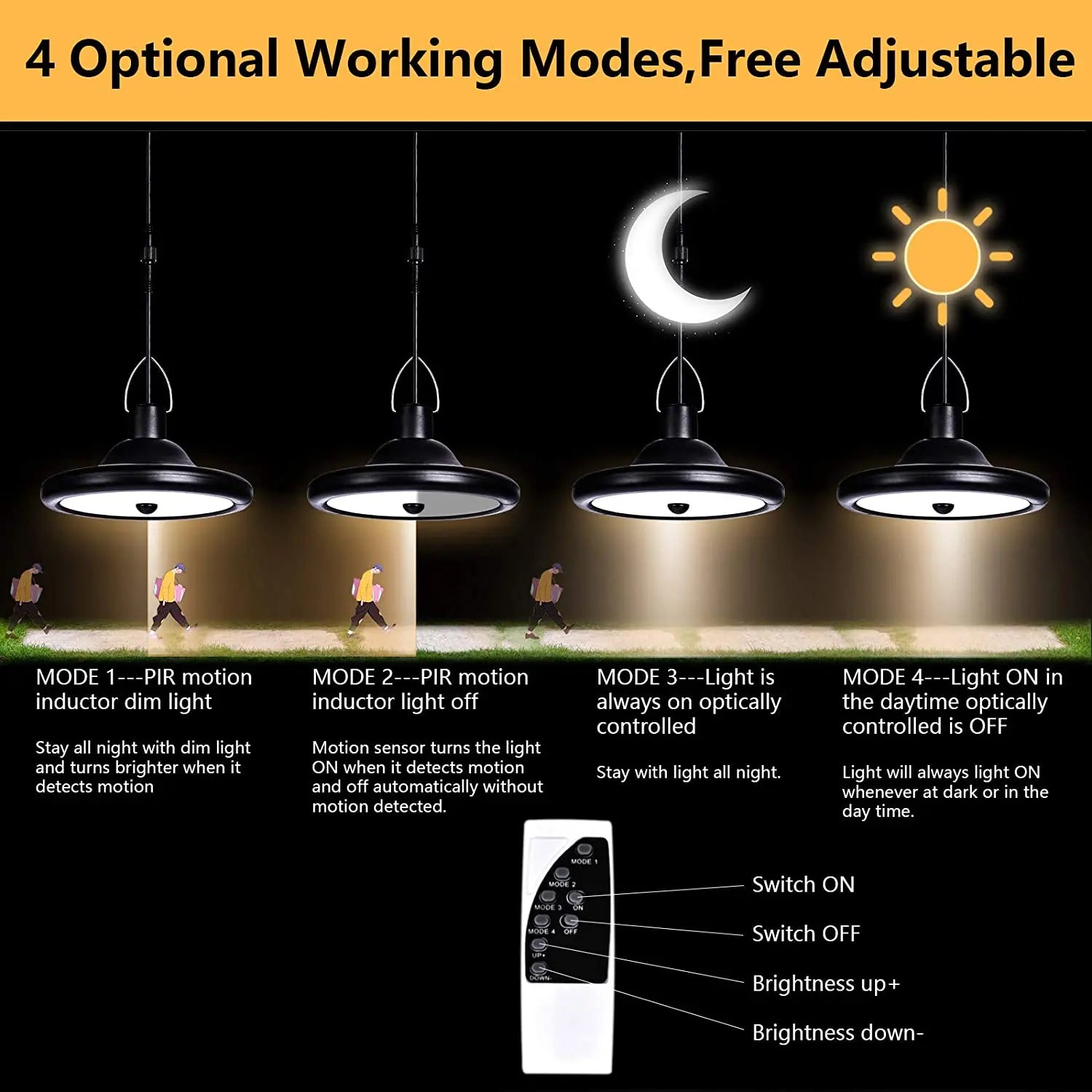 Double Head Solar Pendant Light, Adjustable solar pendant light with 4 modes: always on, motion detection, day/night auto, and automatic dimming.