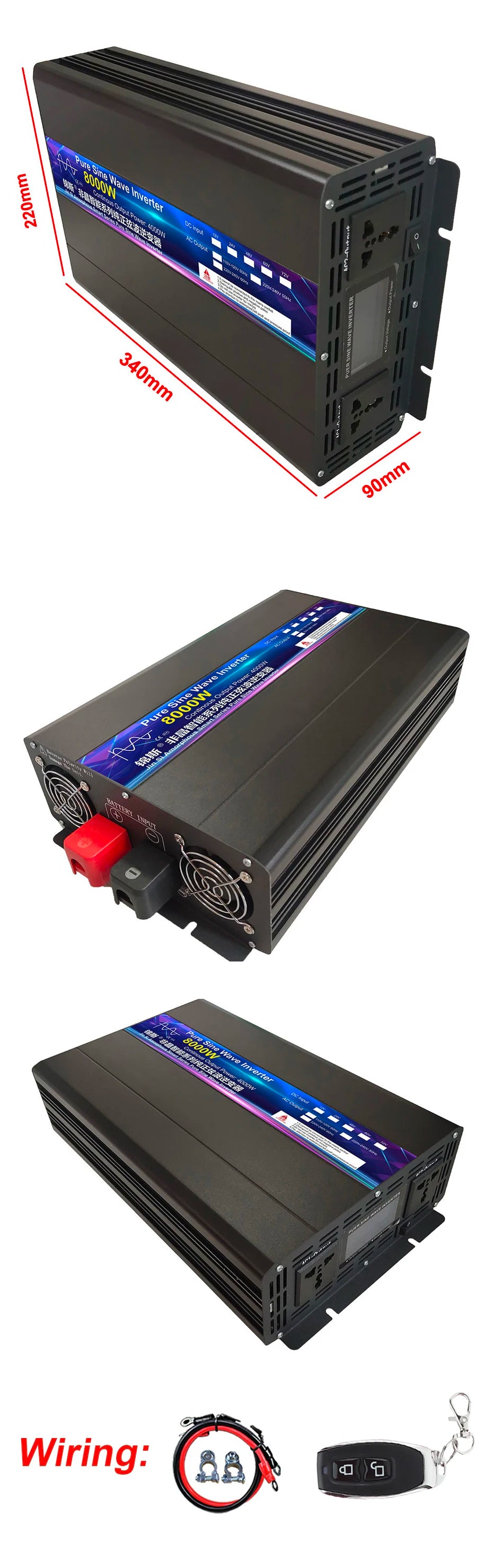 Inverter converts DC power to AC power with pure sine wave tech, suitable for household appliances, up to 12kW.