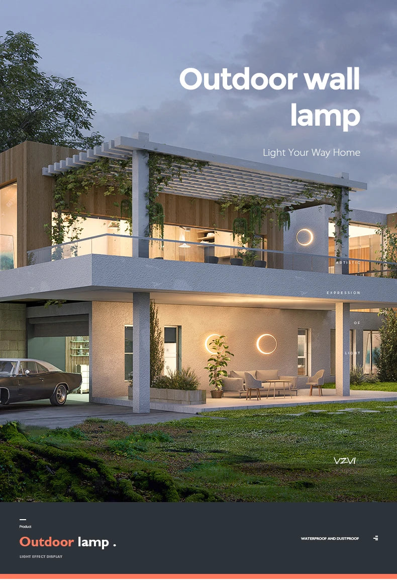 VZVI Outdoor Wall Light, Modern outdoor wall light with waterproof design for villas, terraces, and gardens.