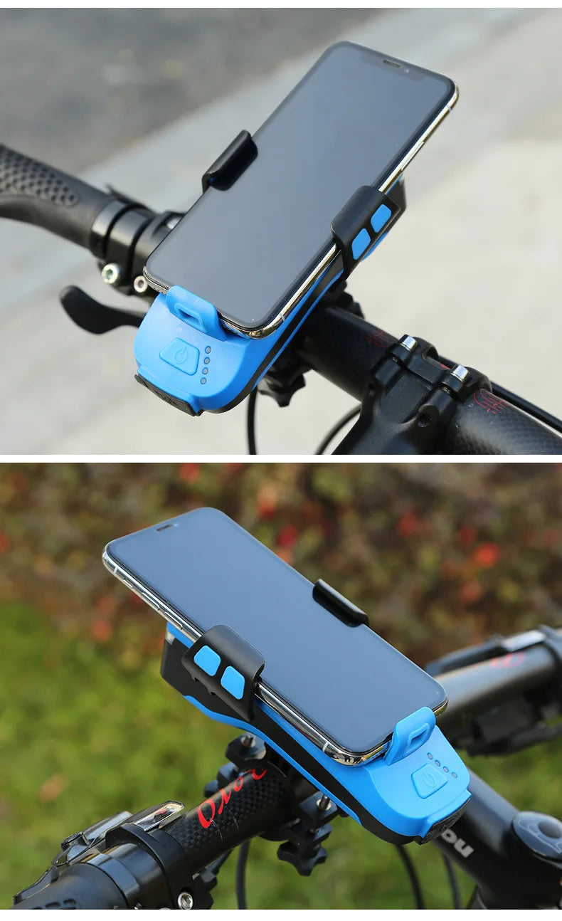 5 IN 1 Led Bicycle Light, Phone holder with elastic clips for snug fit on phones up to 50-80mm wide.