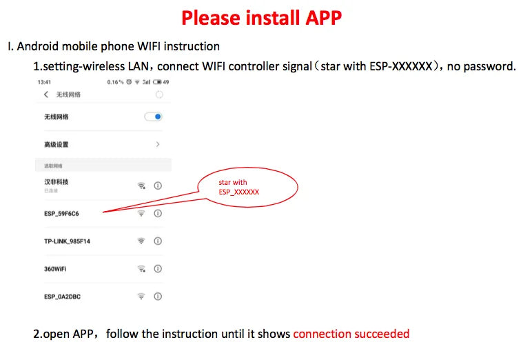 MPPT Solar Charge Controller, Set up WiFi on Android phone: Connect to 'ESP-XXXXXX' signal, open app and follow instructions for successful connection.