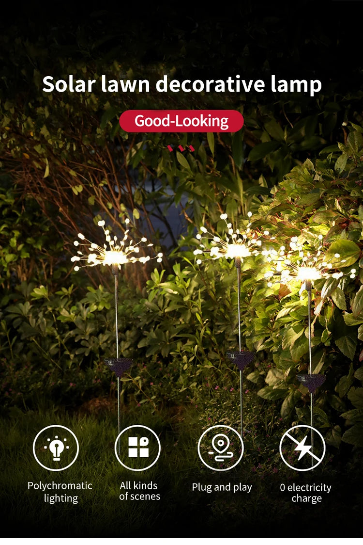 Outdoor Solar LED Firework Fairy Light, Color-changing solar-powered lights with plug-in charging create a mesmerizing ambiance for lawns and patios.