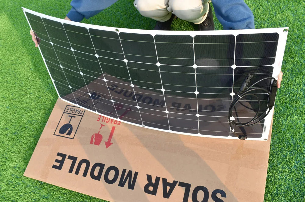 Flexible solar panel for charging batteries, available in 12V and power levels from 100W to 400W.