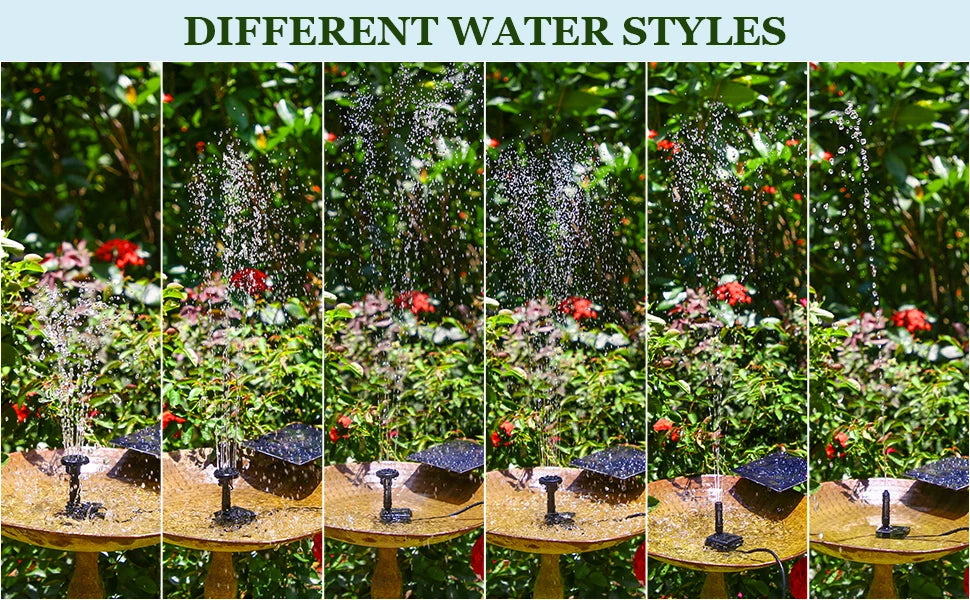 2.5W Solar Fountain, Solar-powered fountain pump that starts operating within 3 seconds of sunlight exposure.