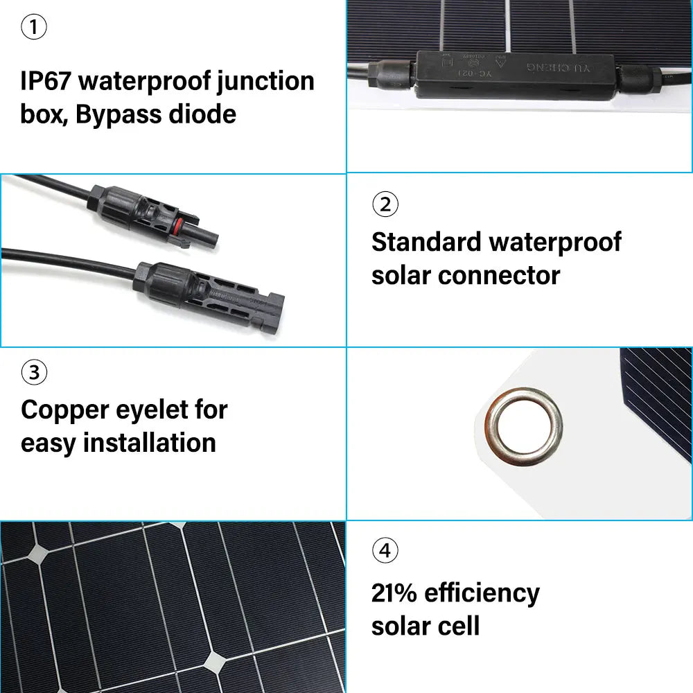 12V Flexible Solar Panel, Waterproof solar panel with high-efficiency cells and durable construction.