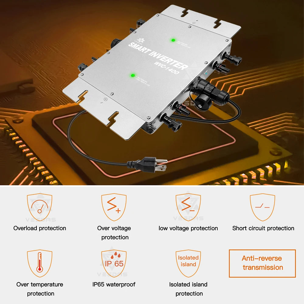 MPPT 1400W Solar Micro Inverter, Safely operates with overload/overvoltage/undervoltage/short circuit protection and waterproof design.