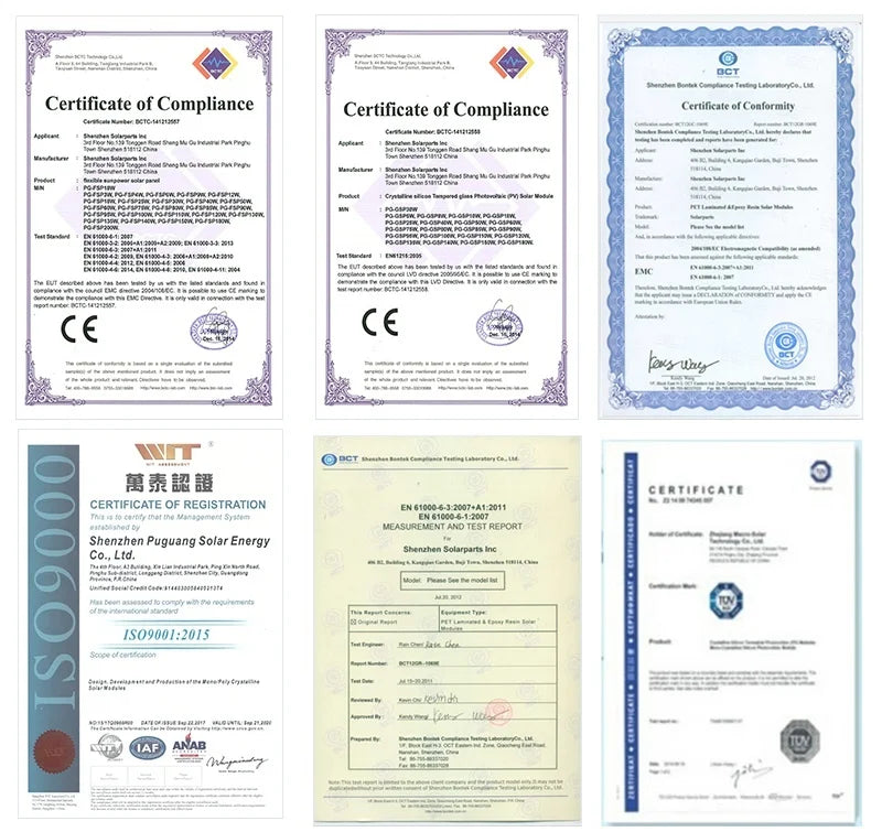 Photovoltaic Solar panel, Certificate confirming Shenzhen Puguang Solar Energy's compliance with EN 61215:2015 standards.