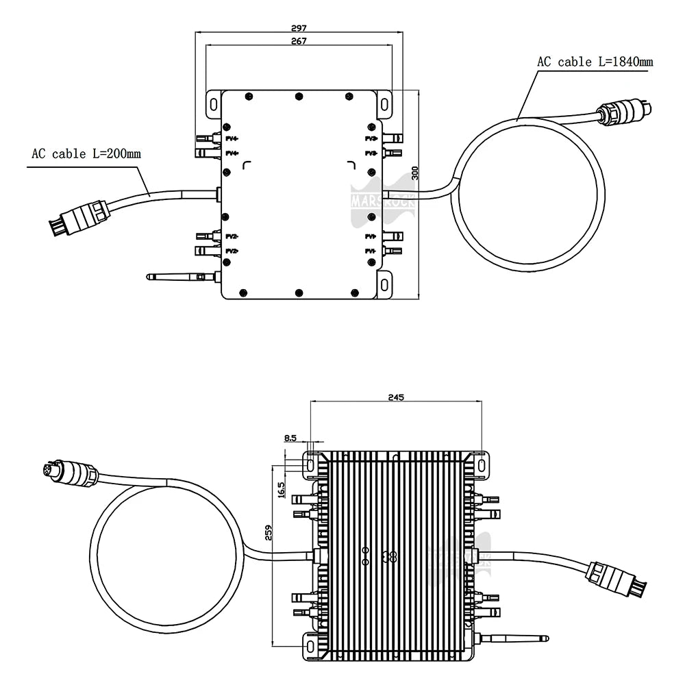 AC cable lengths: 1840mm (main) and 200mm (mini).