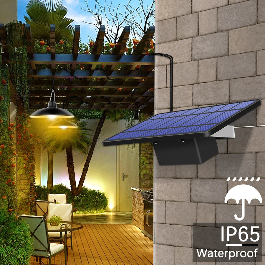 Amaryllis Double Head Solar Pendant Light, Waterproof solar pendant light for indoor/outdoor use, connecting to IP65 rated solar panel.