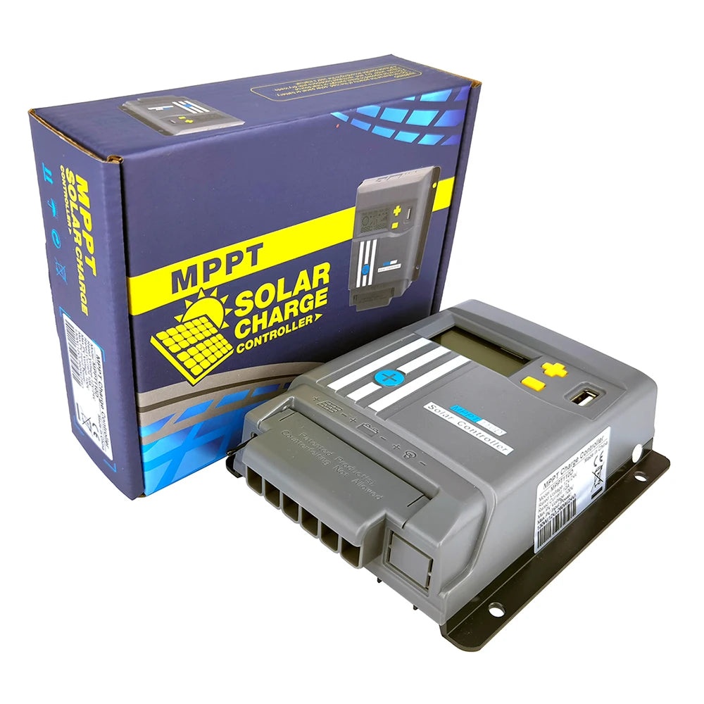Solar charge controller for lithium batteries with dual USB output and efficient charging.