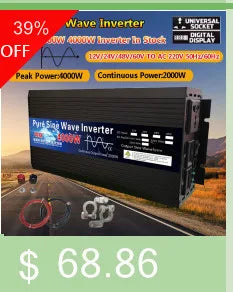 Pure sine wave inverter for 12V/24V DC input, outputs AC 110V or 220V with 1000-3000W power.