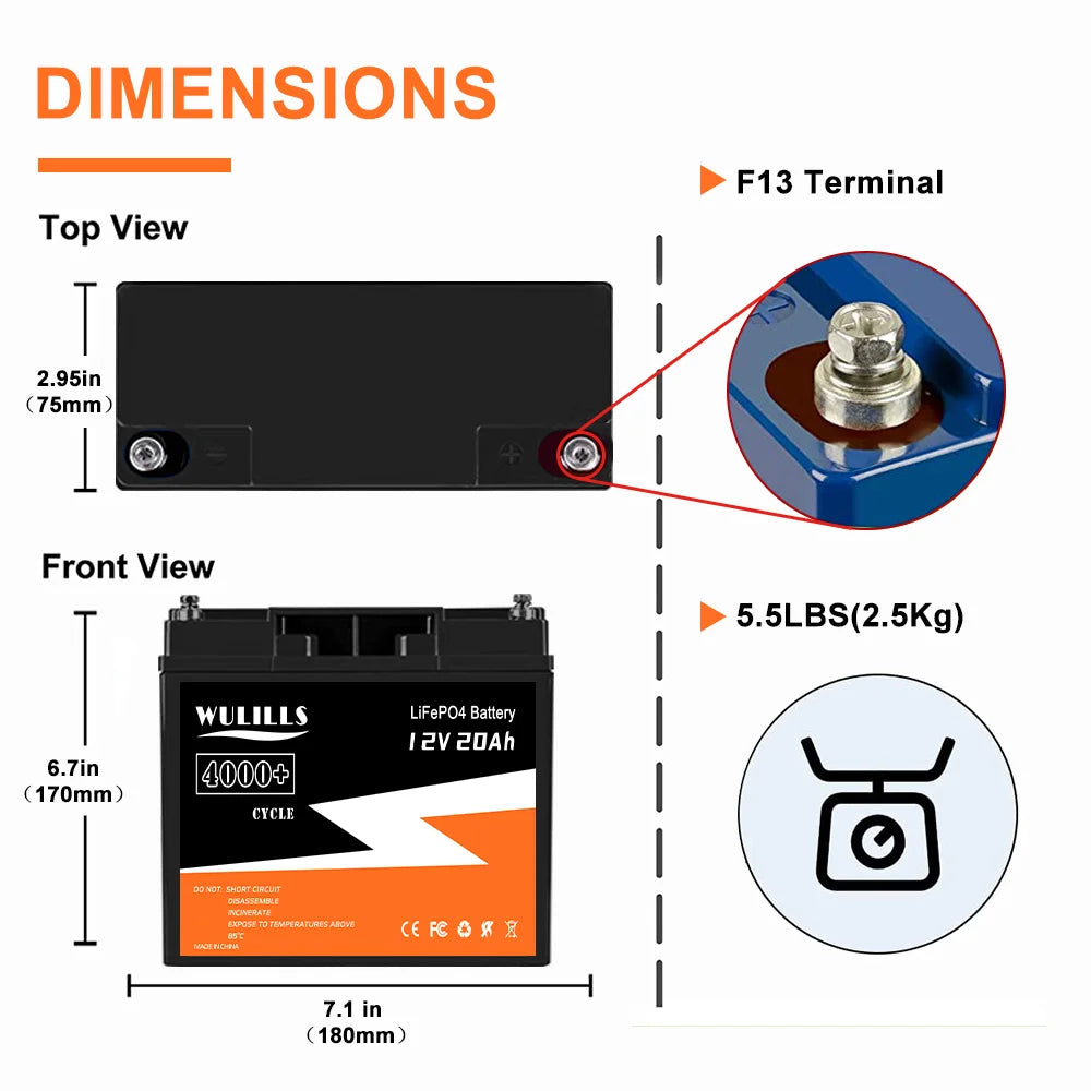 New 12V 20Ah LiFePo4 Battery, Lithium Iron Phosphate (LiFePO4) battery with 12V and 20Ah capacity, dimensions: 2.95