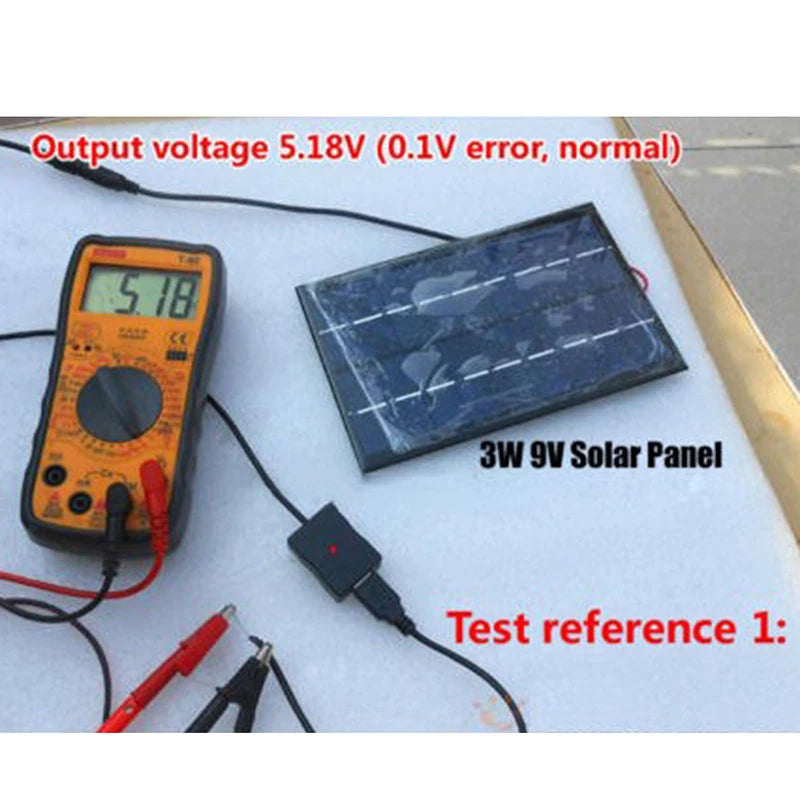 Charges devices with 3W and 9V solar panels; output voltage: 5.18V ± 0.1V.