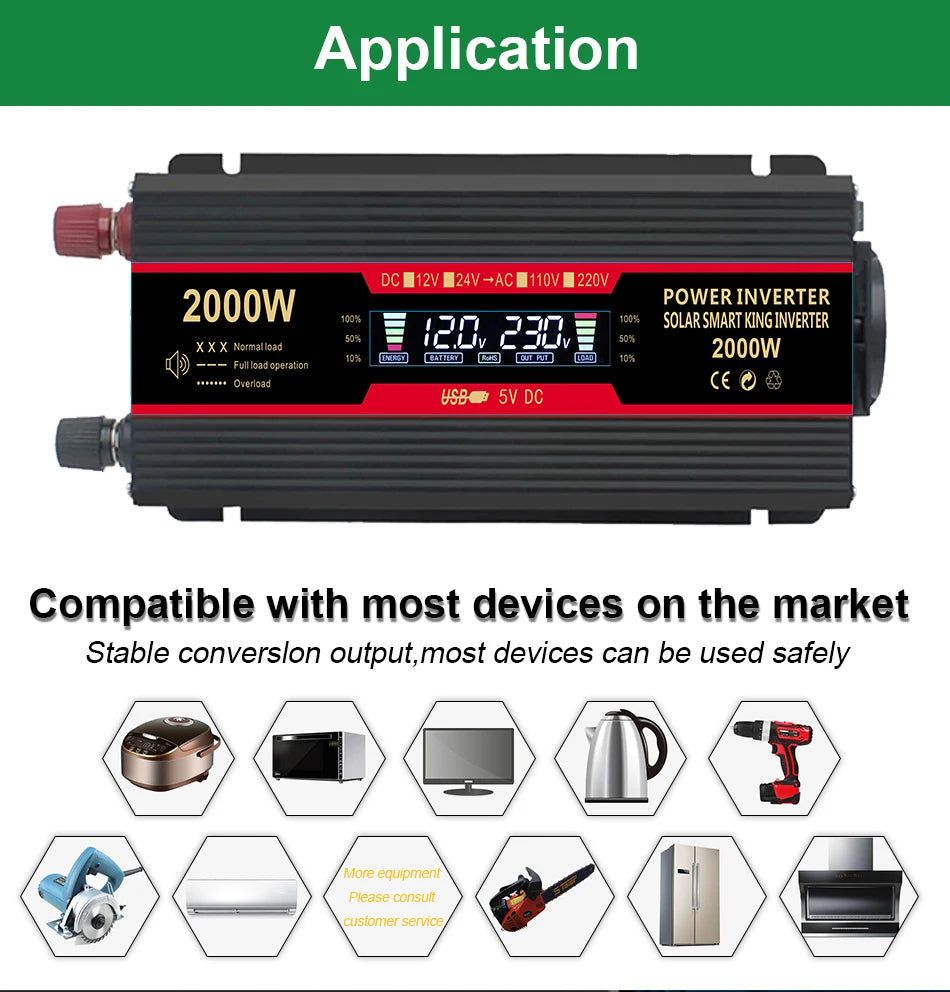 Solar Inverter, Solar power inverter converts DC to AC, featuring LCD display, USB ports, and overload protection for safe use.