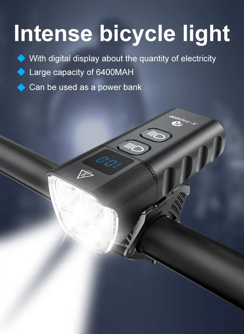 X-TIGER QD-1301 Front Light, High-capacity bike light with digital display, USB rechargeable, ideal for mountain biking and emergency power.