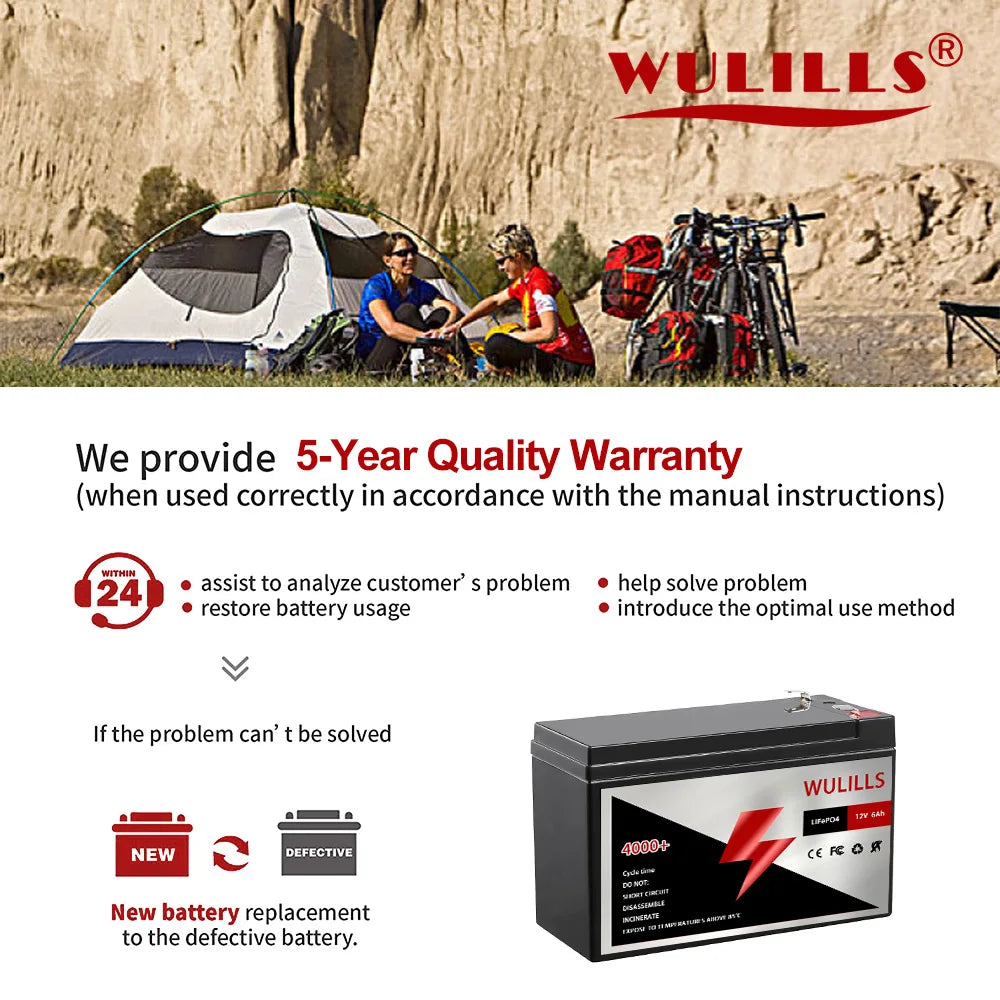 4000 Cycles12V 6Ah LiFePo4 Battery, Warranty guarantee: 5-year protection on LiFePo4 batteries with dedicated customer support and replacement options.