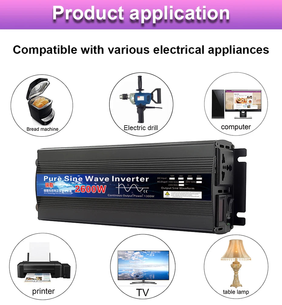 Pure Sine Wave Inverter, Inverter features pure sine wave tech, powering appliances like bread machines, drills, and TVs continuously.