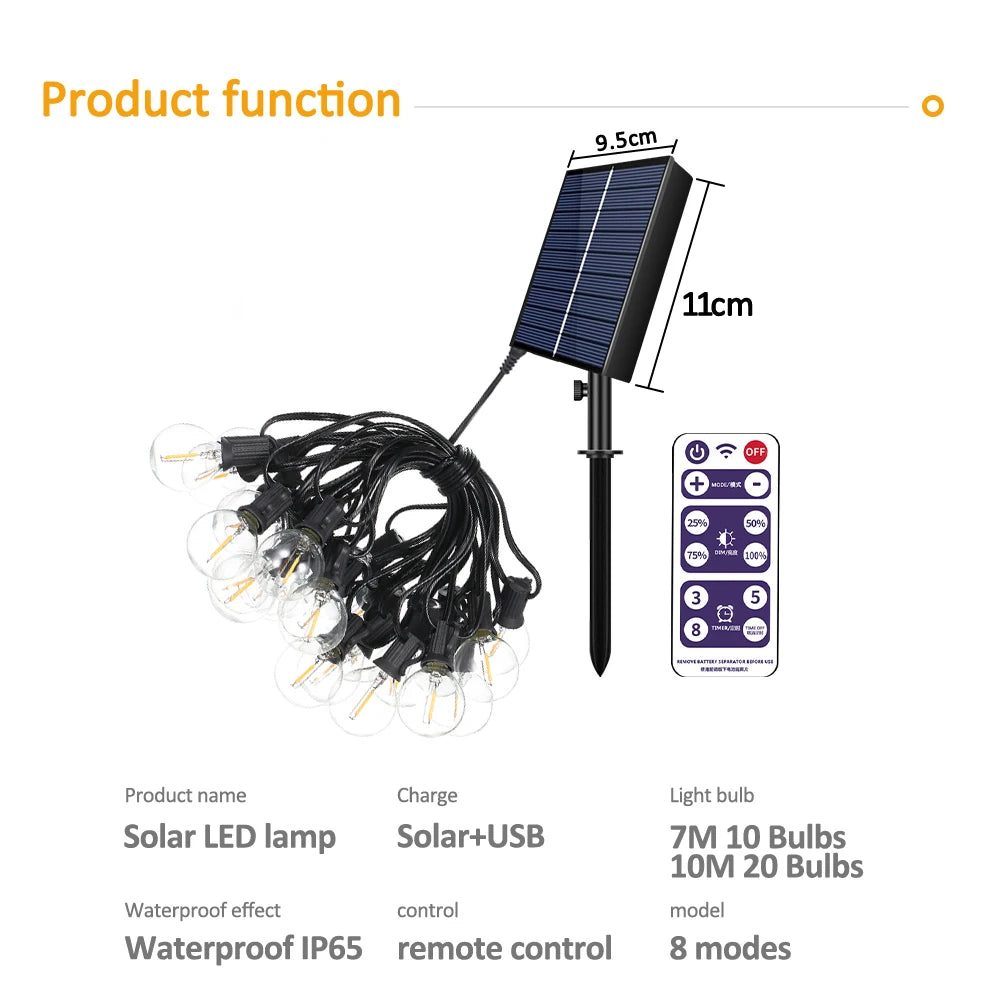 10M  20 LEDS  G40 Solar String Light, Solar string lights with 20 LEDs, waterproof, and shatterproof for outdoor patio use.