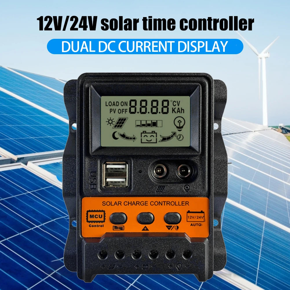 LCD Solar Charge Controller, Regulates solar energy, displays voltage and current, and optimizes charging with power-off memory and microcontroller control.
