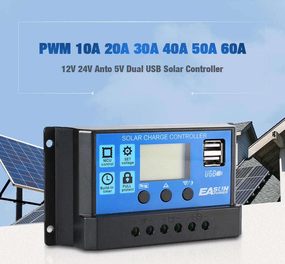 EASUN POWER Solar Controller, Solar controller regulating 12V/24V power up to 60A with LCD display and USB outputs.