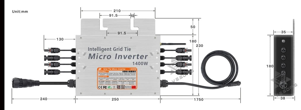 1400W or 1000W Micro Solar Inverter, Compact intelligent microinverter for grid-tied solar systems, compatible with 110V/220V grids and DC inputs up to 36V.