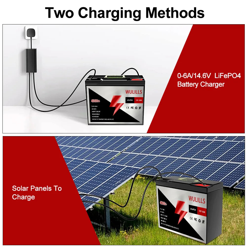 4000 Cycles12V 6Ah LiFePo4 Battery, Rechargeable LiFePO4 battery for kid scooters, fishing, and shipping; 14.6V, 6A max current.