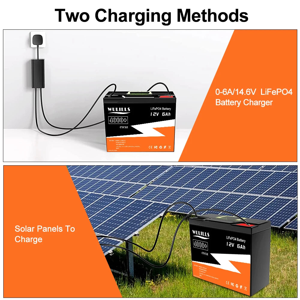 12V 6Ah LiFePo4 Battery, Lithium iron phosphate battery pack with two charging methods: plug-in or solar-powered.