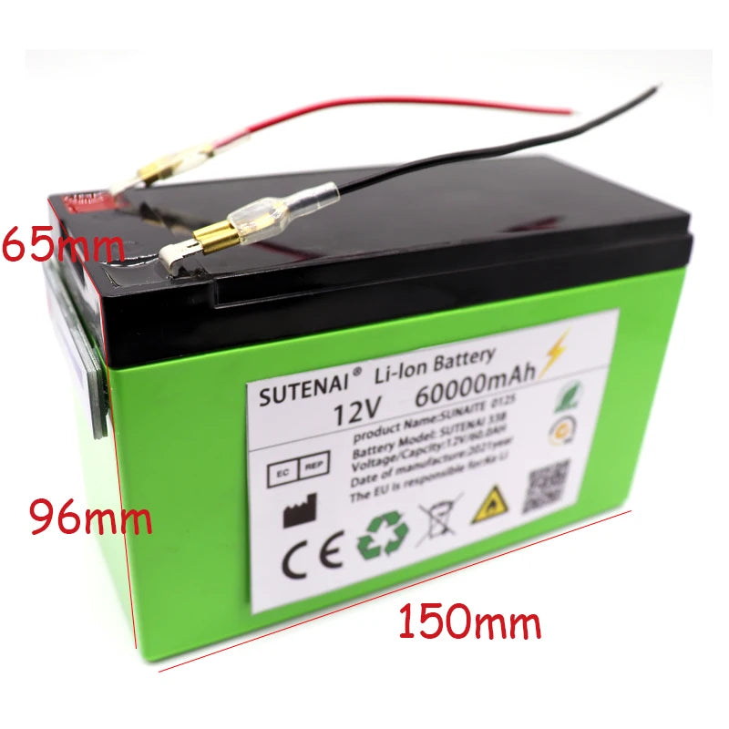 New 12v 60Ah 18650 lithium battery, Lithium battery pack for solar energy and electric vehicles, 12V/60Ah, with 12.6V/3A charger.