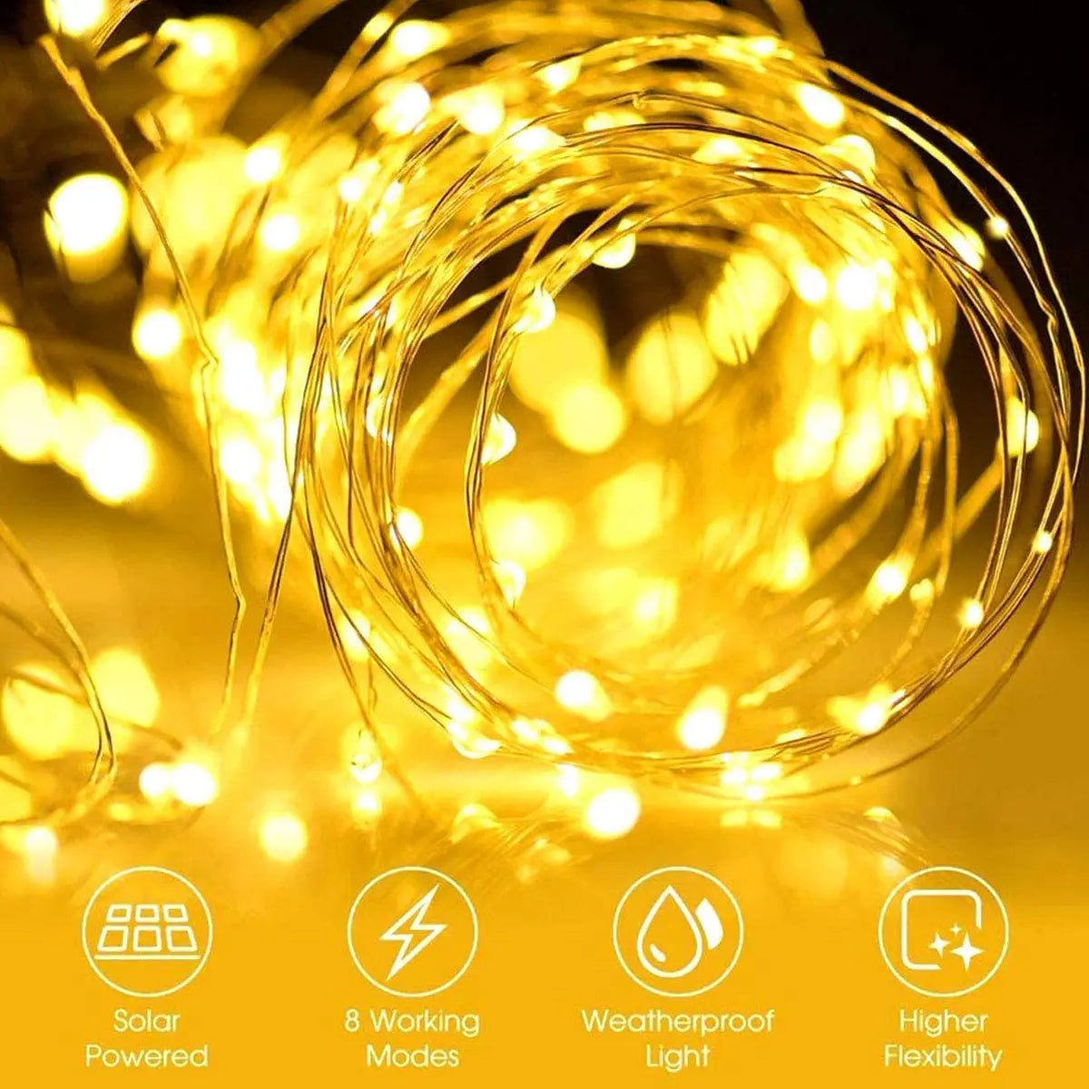 LED Solar Fairy Light, Works in various weather conditions; features higher powered modes and flexible design.